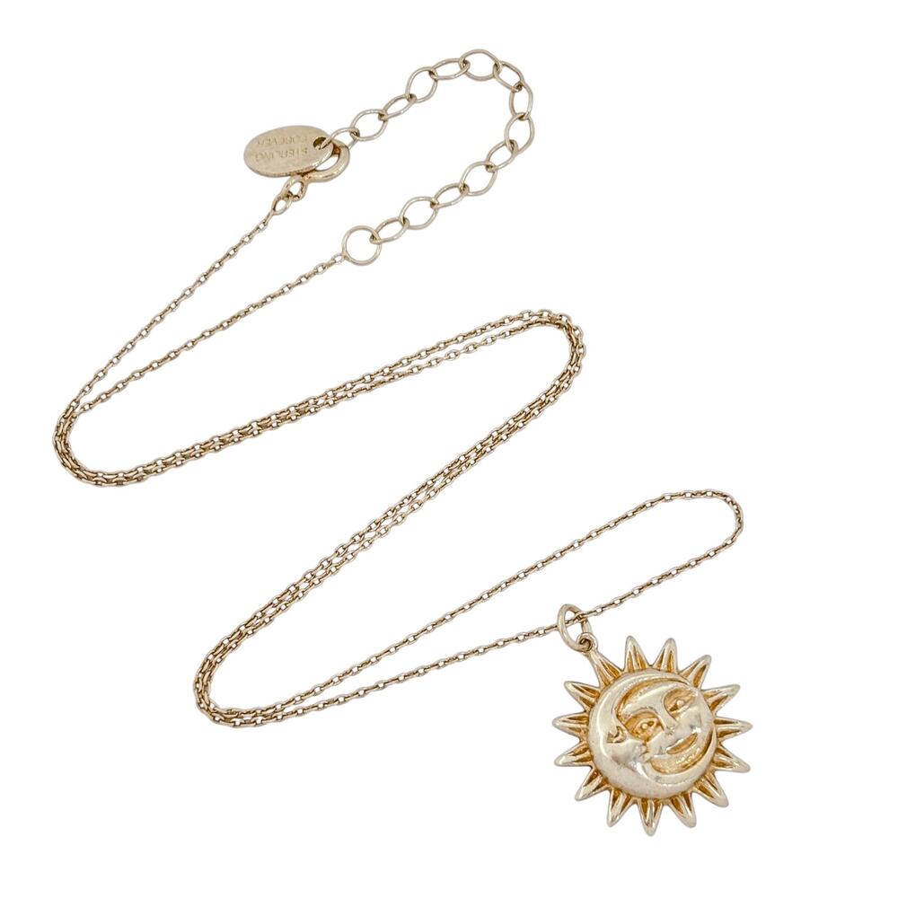 Estate Gold-Tone Sterling Silver 925 Sun Face Pendant Necklace 16"-18"